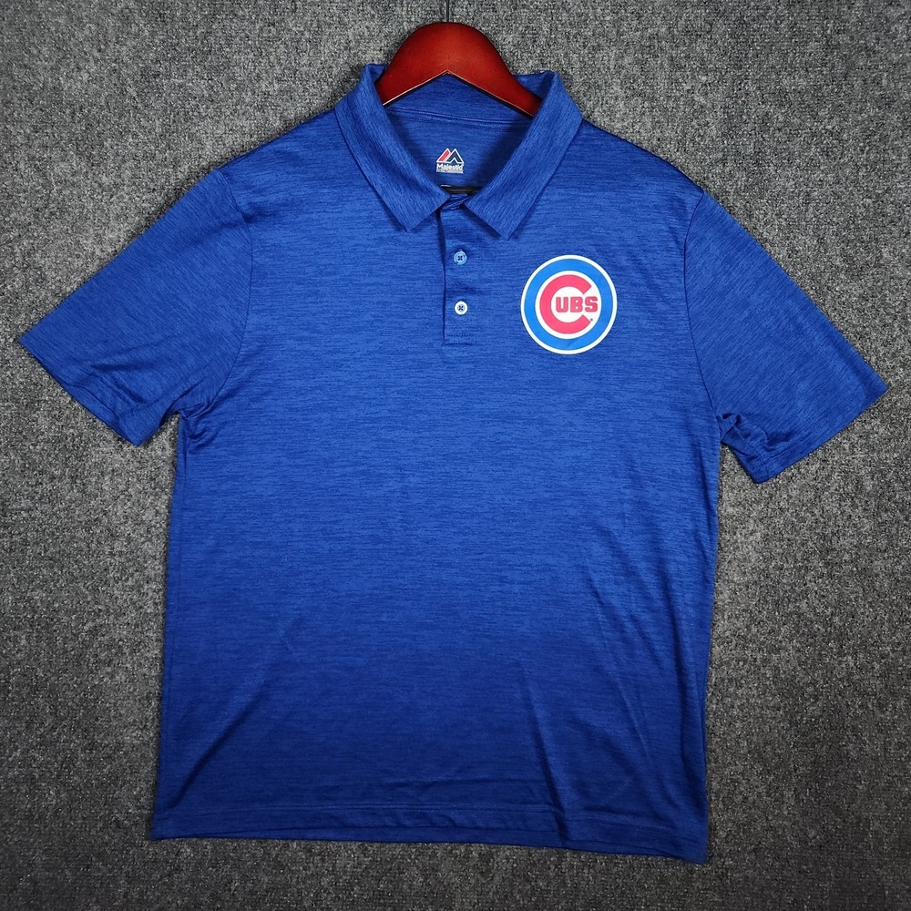 Majestic Chicago Cubs MLB Polo Shirt Mens Large Blue Heathered Short Slv Basebal